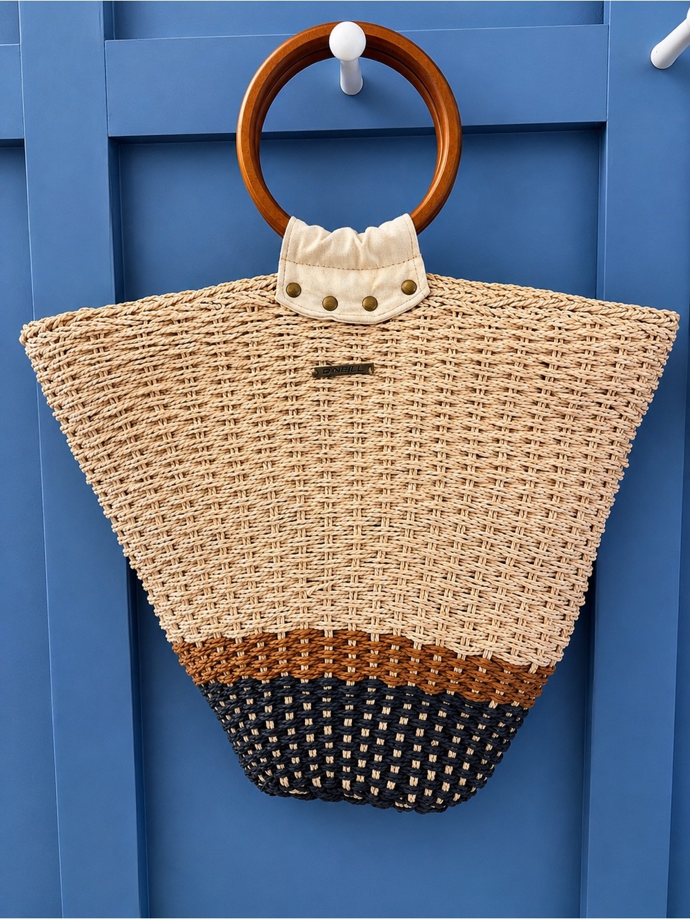 O'Neill Natural Straw Tote with Brown Accent and Black Base